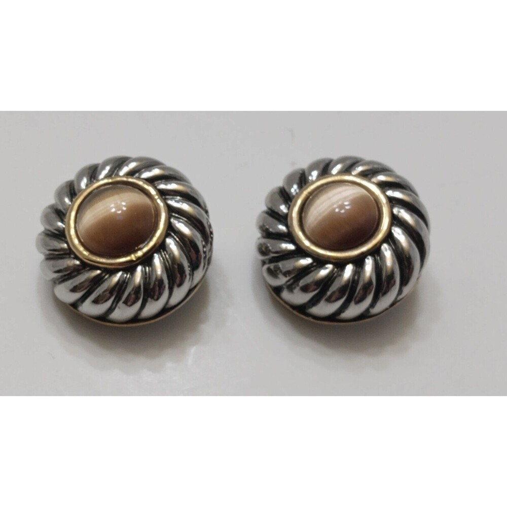 Vintage Retro Estate Brown Cats Eye Two Tone Clip On Earrings 1 inch